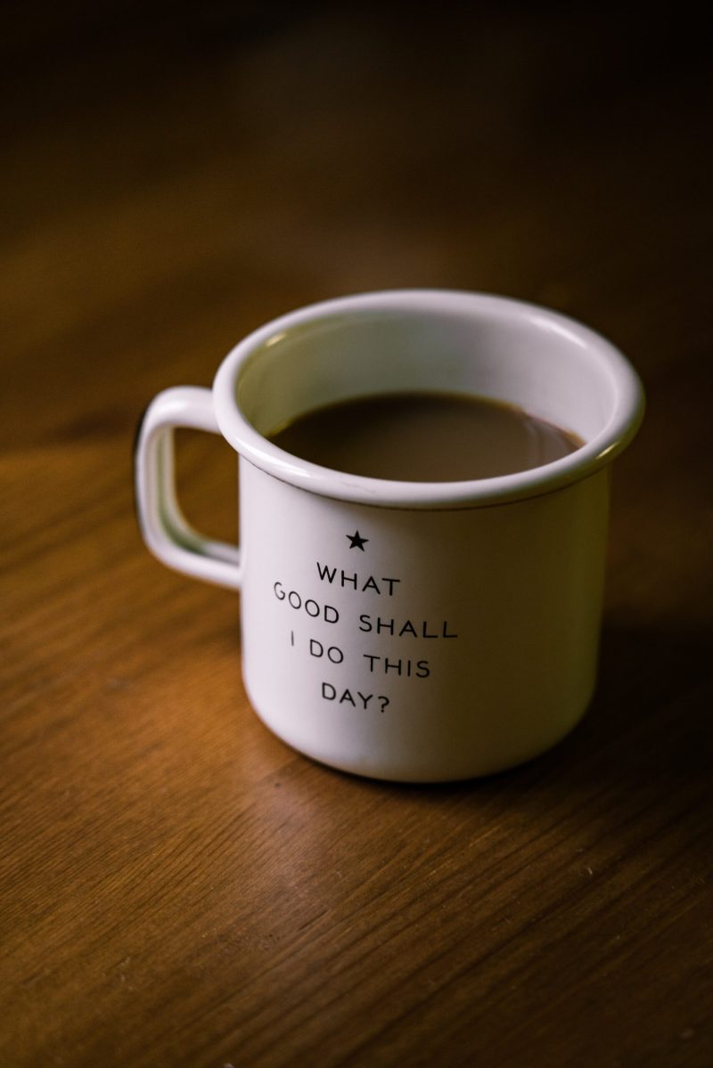 Coffee cup with the words "what good shall I do this day?"